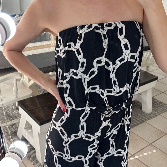 Ariella Clothing Women’s Black Chain Print Strapless Wide Leg Stretchy Jumpsuit - Picture 2 of 11